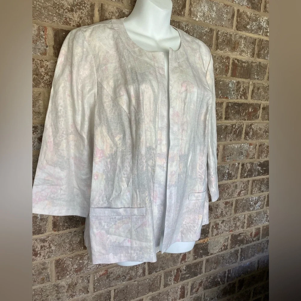 Chico’s Linen Open Front Blazer Size L hints green pink 3/4 sleeve Minimalist